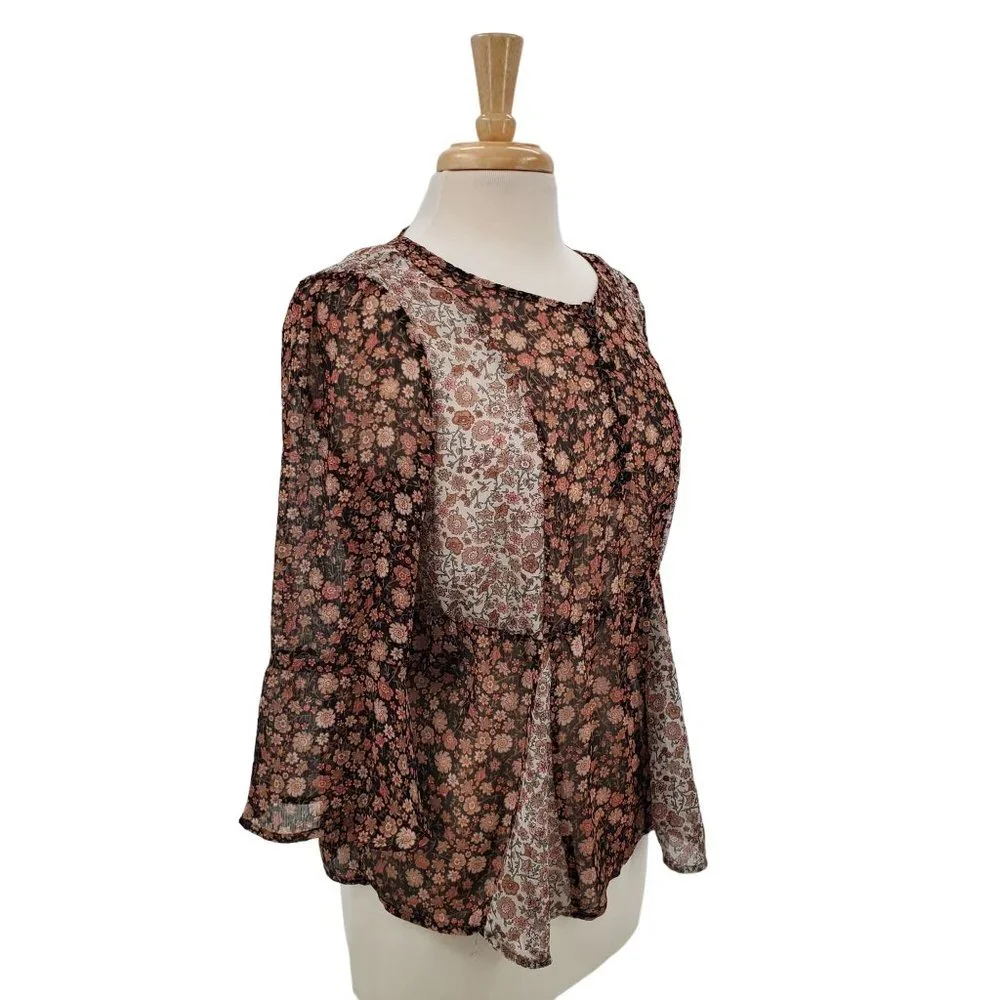 Maurices Womens Bell Sleeve Blouse Top Size‎ M Sheer Button Pink Black Boho